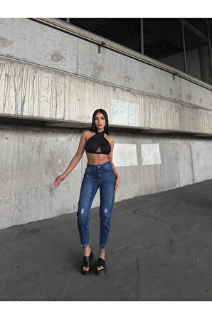 KADIN  İŞLEMLİ YÜKSEK LAZER YIRTIK BOYFRİEND MOM JEANS KOT PANTOLON