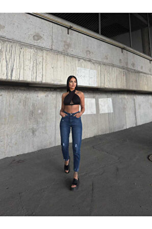 KADIN  İŞLEMLİ YÜKSEK LAZER YIRTIK BOYFRİEND MOM JEANS KOT PANTOLON