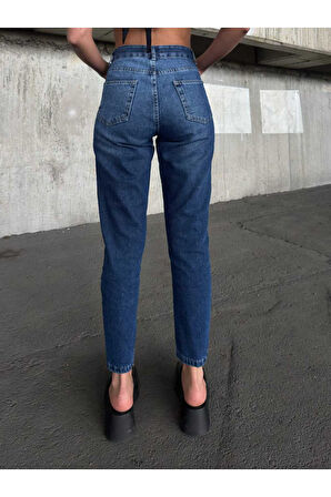 KADIN  İŞLEMLİ YÜKSEK LAZER YIRTIK BOYFRİEND MOM JEANS KOT PANTOLON