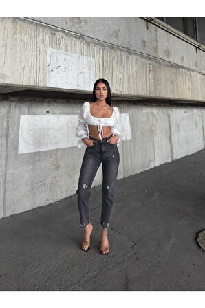 KADIN SİYAH İŞLEMLİ YÜKSEK LAZER YIRTIK BOYFRİEND MOM JEANS KOT PANTOLON