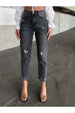 KADIN SİYAH İŞLEMLİ YÜKSEK LAZER YIRTIK BOYFRİEND MOM JEANS KOT PANTOLON