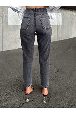 KADIN SİYAH İŞLEMLİ YÜKSEK LAZER YIRTIK BOYFRİEND MOM JEANS KOT PANTOLON