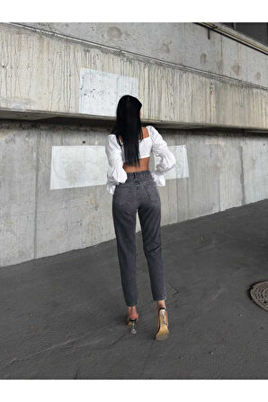 KADIN SİYAH İŞLEMLİ YÜKSEK LAZER YIRTIK BOYFRİEND MOM JEANS KOT PANTOLON