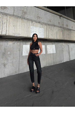 KADIN SİYAH İŞLEMLİ YÜKSEK LAZER YIRTIK BOYFRİEND MOM JEANS KOT PANTOLON