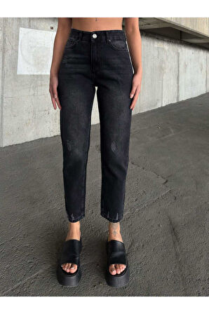 KADIN SİYAH İŞLEMLİ YÜKSEK LAZER YIRTIK BOYFRİEND MOM JEANS KOT PANTOLON