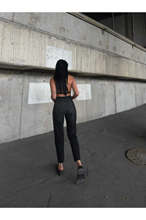 KADIN SİYAH İŞLEMLİ YÜKSEK LAZER YIRTIK BOYFRİEND MOM JEANS KOT PANTOLON
