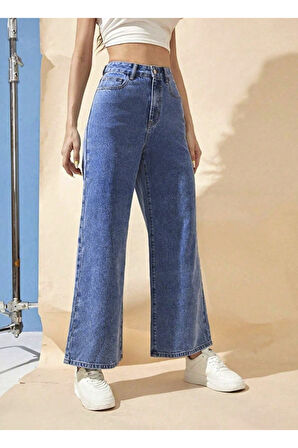 KADIN YÜKSEK BEL MAVİ BİLEK BOY BOL PAÇA JEANS PANTOLON
