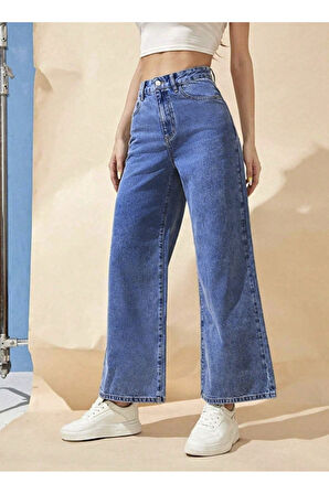 KADIN YÜKSEK BEL MAVİ BİLEK BOY BOL PAÇA JEANS PANTOLON