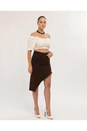 KADIN KAHVERENGİ ETEK PÜSKÜL ASİMETRİK KESİM KETEN ETEK
