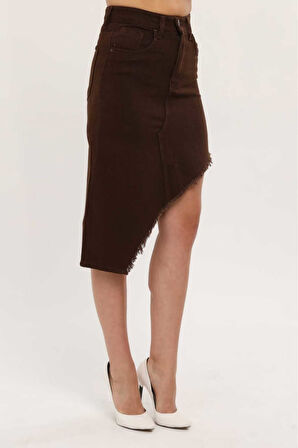 KADIN KAHVERENGİ ETEK PÜSKÜL ASİMETRİK KESİM KETEN ETEK