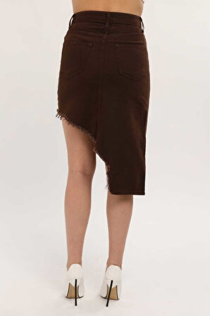 KADIN KAHVERENGİ ETEK PÜSKÜL ASİMETRİK KESİM KETEN ETEK