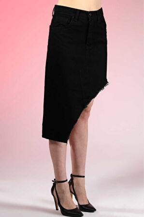 KADIN SİYAH ETEK PÜSKÜL ASİMETRİK KESİM KETEN ETEK