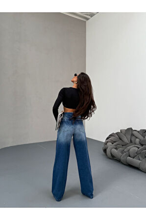 KADIN MAVİ İŞLEMLİ BIYIKLI BOL PAÇA KOT PANTOLON