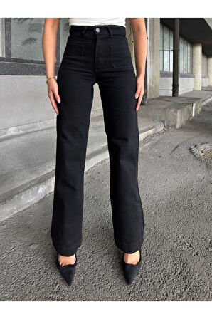 KADIN SİYAH YIKAMA YÜKSEK BEL ÖN YAPIŞTIRMA BOL PAÇA KOT PANTOLON