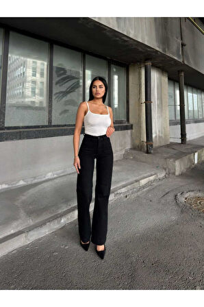 KADIN SİYAH YIKAMA YÜKSEK BEL ÖN YAPIŞTIRMA BOL PAÇA KOT PANTOLON