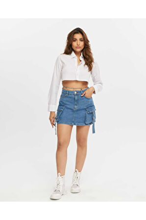 KADIN MAVİ KORÜK KARGO CEPLİ KOT ETEK