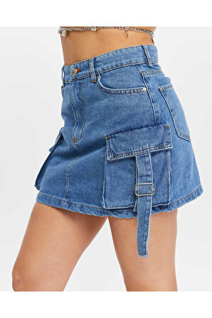 KADIN MAVİ KORÜK KARGO CEPLİ KOT ETEK