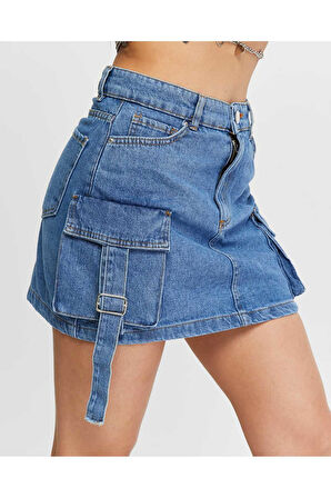 KADIN MAVİ KORÜK KARGO CEPLİ KOT ETEK