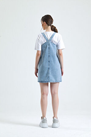 KADIN MAVİ KANGURU CEP BAHÇEVAN KOT ELBİSE