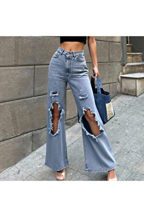 KADIN BEBE MAVİ YÜKSEK BEL YIRTLIKLI BOL PAÇA JEANS PANTOLON