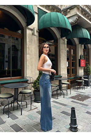 KADIN MAVİ İŞLEMLİ ÇİFT KÖPRÜLÜ BOL PAÇA KOT PANTOLON