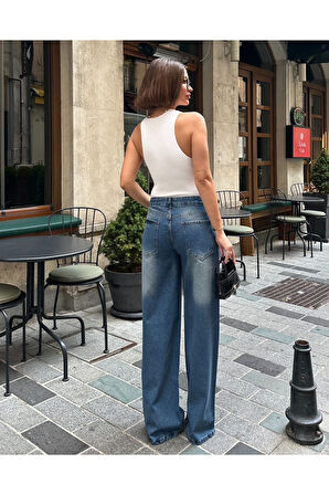 KADIN MAVİ İŞLEMLİ ÇİFT KÖPRÜLÜ BOL PAÇA KOT PANTOLON