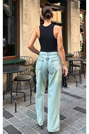 KADIN TİNTLİ ÇİFT DÜĞME YIKAMALI BOL PAÇA KOT PANTOLON