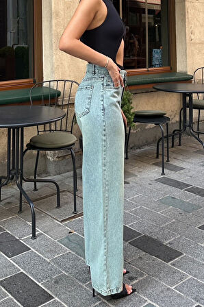 KADIN TİNTLİ ÇİFT DÜĞME YIKAMALI BOL PAÇA KOT PANTOLON