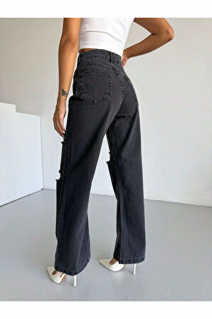 KADIN FÜME ÇİFT DİZ LAZER YIRTIK YÜKSEK BEL BOL PAÇA JEANS PANTOLON