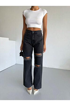 KADIN FÜME ÇİFT DİZ LAZER YIRTIK YÜKSEK BEL BOL PAÇA JEANS PANTOLON