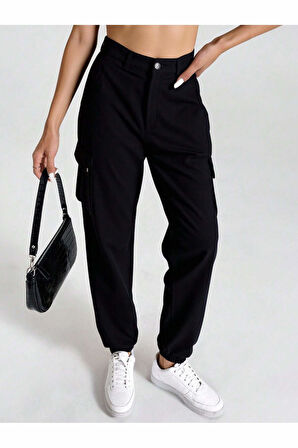 SİYAH KARGO CEP PAÇA LASTİKLI KETEN PANTOLON