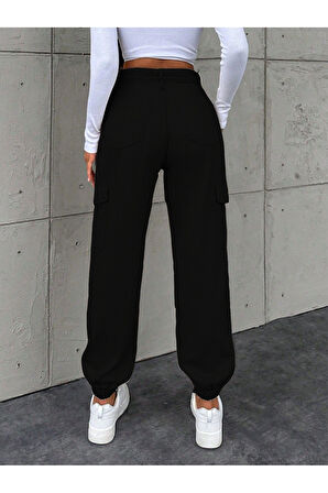 SİYAH KARGO CEP PAÇA LASTİKLI KETEN PANTOLON