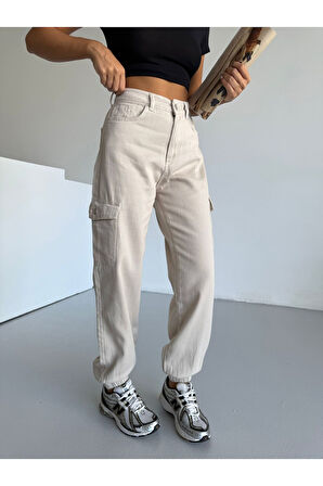 BEJ SİYAH KARGO CEP PAÇA LASTİKLI KETEN PANTOLON