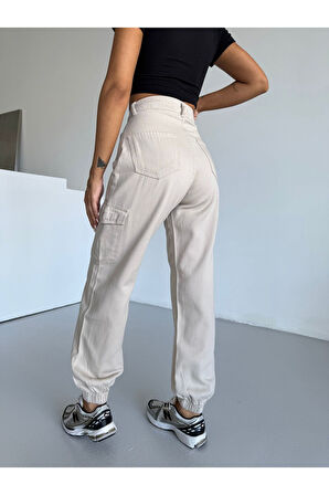 BEJ SİYAH KARGO CEP PAÇA LASTİKLI KETEN PANTOLON