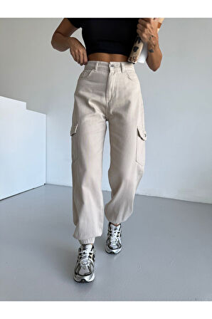 BEJ SİYAH KARGO CEP PAÇA LASTİKLI KETEN PANTOLON