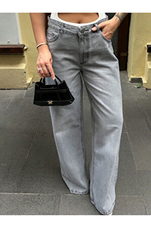 KADIN GRİ YÜKSEK BEL BOL PAÇA PALAZZO KOT PANTOLON