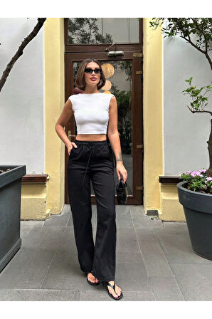 KADIN SİYAH BEL LASTİKLİ BOL PAÇA PANTOLON