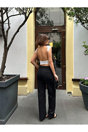 KADIN SİYAH BEL LASTİKLİ BOL PAÇA PANTOLON