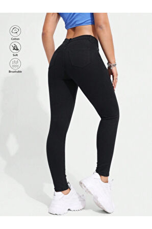 KADIN SİYAH YÜKSEK BEL KETEN LİKRALI DAR PAÇA PANTOLON