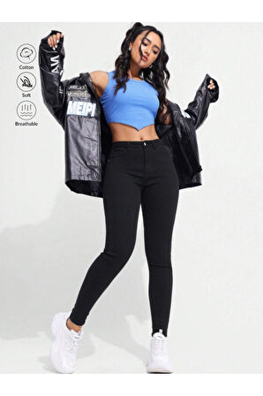 KADIN SİYAH YÜKSEK BEL KETEN LİKRALI DAR PAÇA PANTOLON