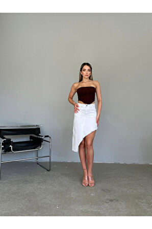 KADIN BEYAZ ETEK PÜSKÜL ASİMETRİK KESİM KETEN ETEK