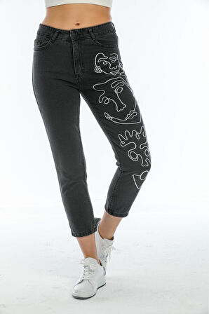 KADIN FÜME SOL BACAK NAKIŞLI BOYFRİEND MOM JEANS APNTOLON