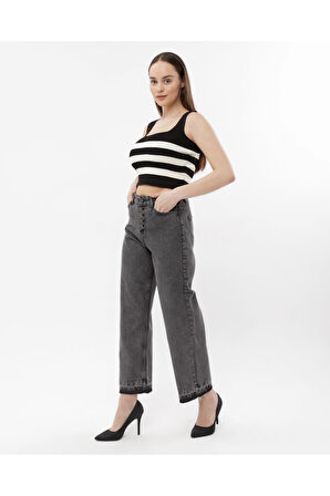 SHEVAGA KADIN FÜME 5 DÜĞME PAÇA SÖKÜM BOL PAÇA KOT PANTOLON