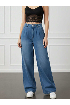 KADIN MAVİ ÖN ARKA PENSLİ BOL PAÇA KOT PANTOLON