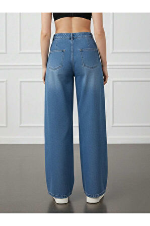 KADIN MAVİ ÖN ARKA PENSLİ BOL PAÇA KOT PANTOLON