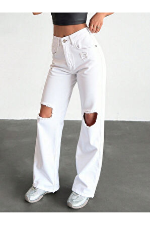 KADIN BEYAZ DİZ DETAYLI KOT PANTOLON