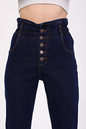 KADIN LACİVERT PATLET DÜĞMELİ KEMER BÜZGÜLÜ MOM KOT PANTOLON