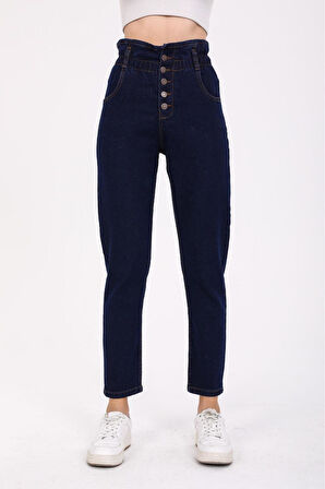 KADIN LACİVERT PATLET DÜĞMELİ KEMER BÜZGÜLÜ MOM KOT PANTOLON