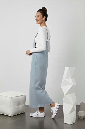 KADIN UZUN MAVİ BAHÇIVAN ASKILI ELBİSE