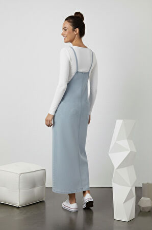 KADIN UZUN MAVİ BAHÇIVAN ASKILI ELBİSE